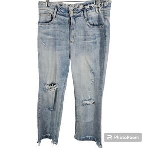 Risen High Waist Denim Jeans Distressed Raw Edge Waist Frayed Hem Size 32
